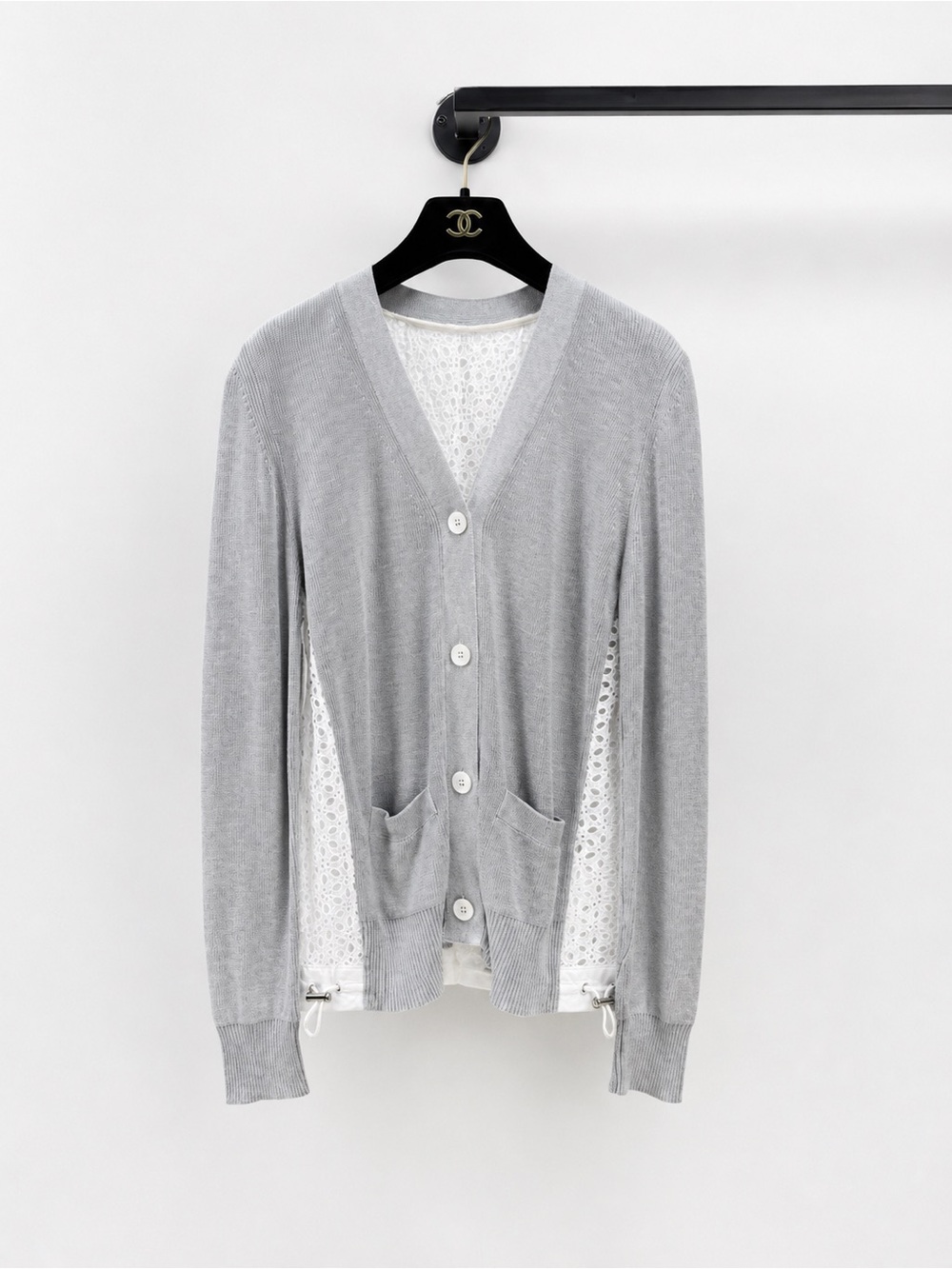 Sacai Light Gray Knit Cardigan with Lace Back